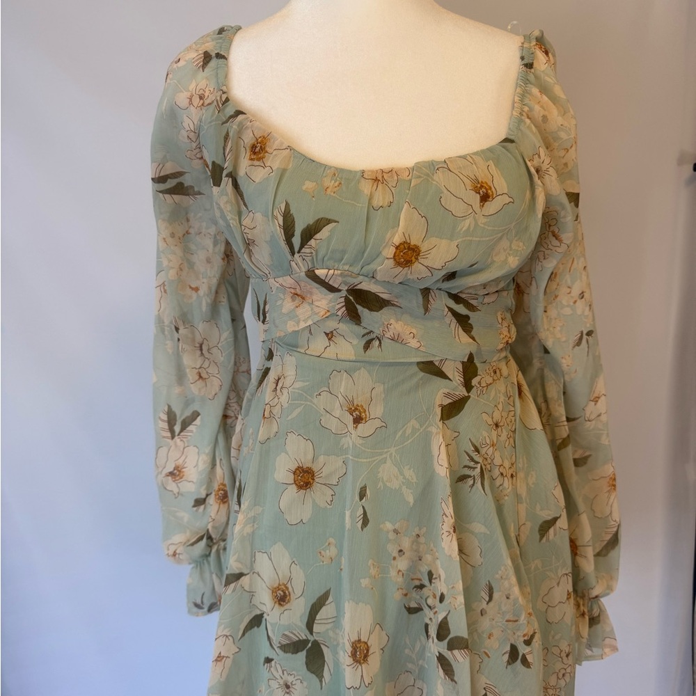 Elegant Floral Long Sleeve Dress in Soft Green